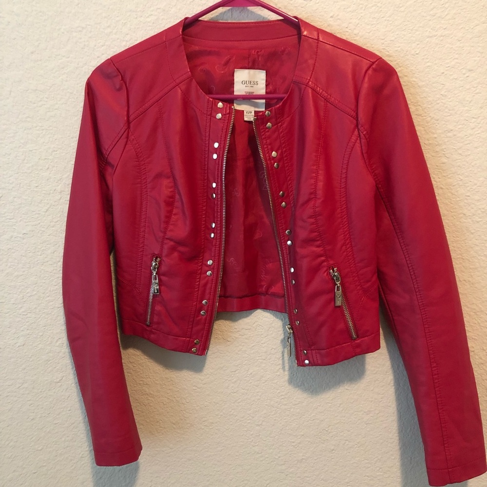 Guess hot pink faux leather jacket cropped